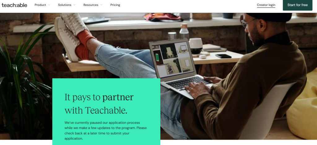 Landing page du programme d'affiliation Teachable