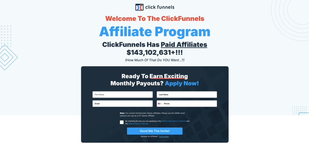 Landing page du programme d'affiliation ClickFunnels