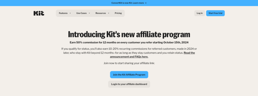 Landing page du programme d'affiliation Kit