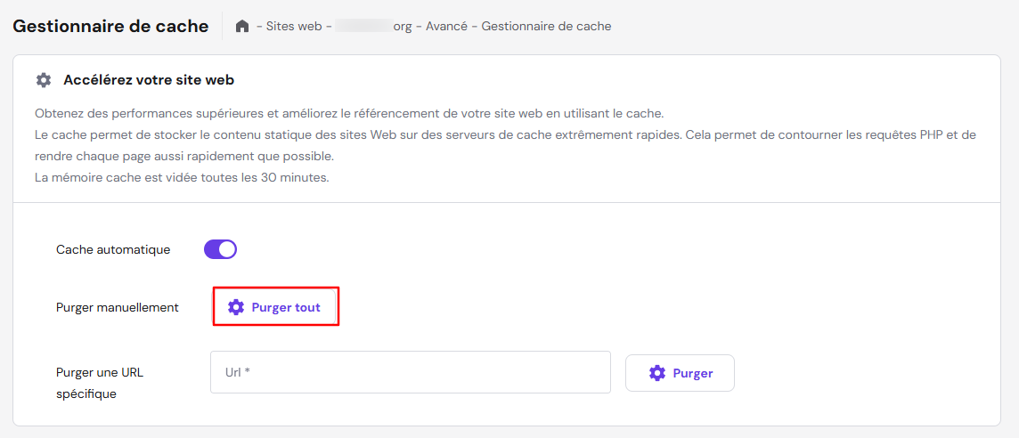 le Gestionnaire de cache d'Hostinger affiche l'option Purger tout en surbrillance dans le tableau de bord