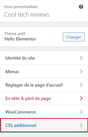 Le Personnalisateur WordPress avec l'option CSS additionnel mise en &eacute;vidence dans la barre lat&eacute;rale