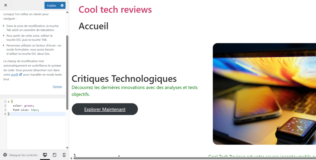 Le Customizer de WordPress montre un &eacute;diteur CSS additionnel avec un panneau de pr&eacute;visualisation en direct