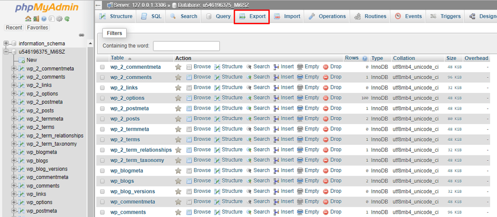 t&eacute;l&eacute;charger la base de donn&eacute;es wordpress via phpmyadmin