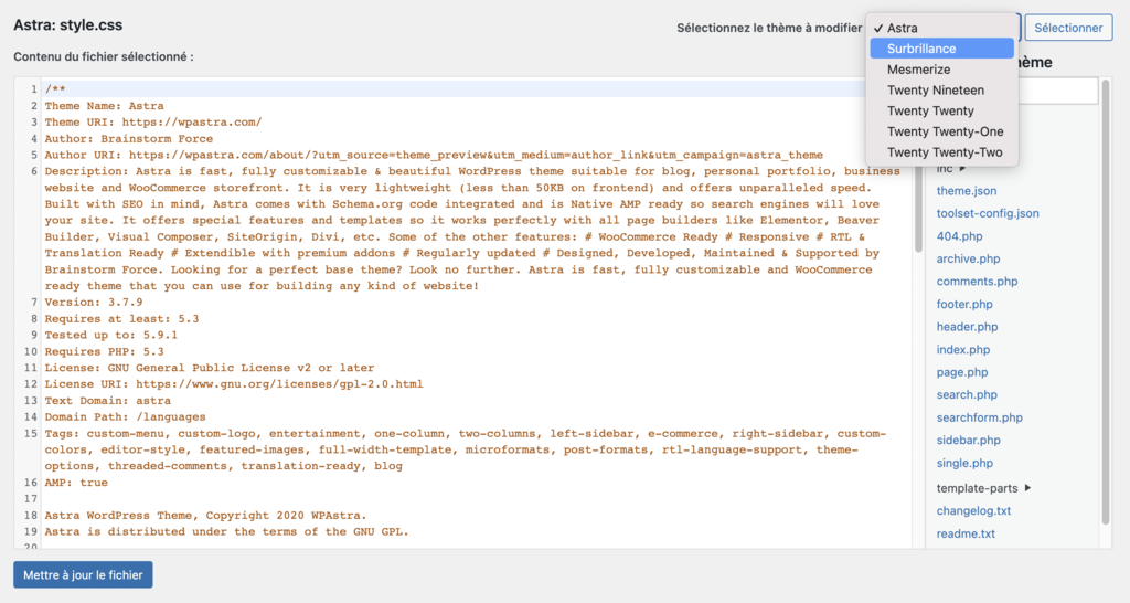 s&eacute;lectionner les th&egrave;mes &agrave; modifier sur l'&eacute;diteur de fichier de th&egrave;me WordPress