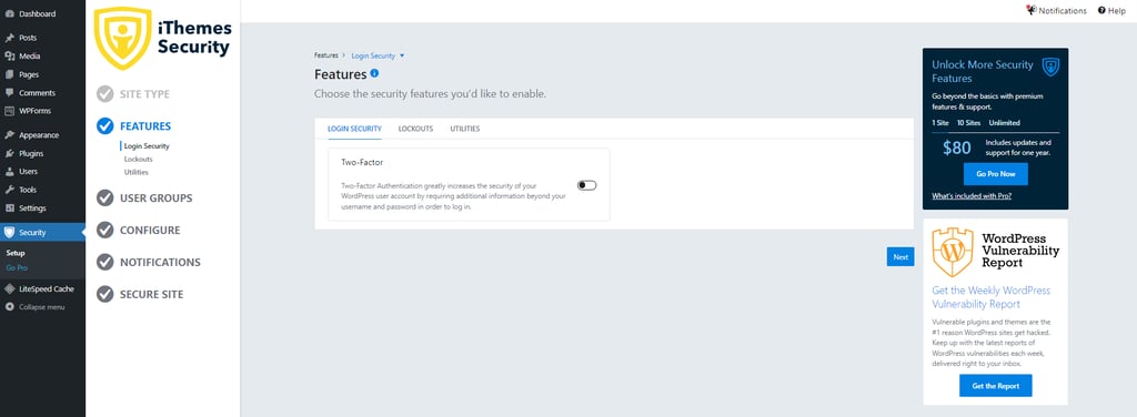 ithemes-security-caractéristiques Page de configuration des Fonctionnalités de iThemes Security dans le tableau de bord WordPress