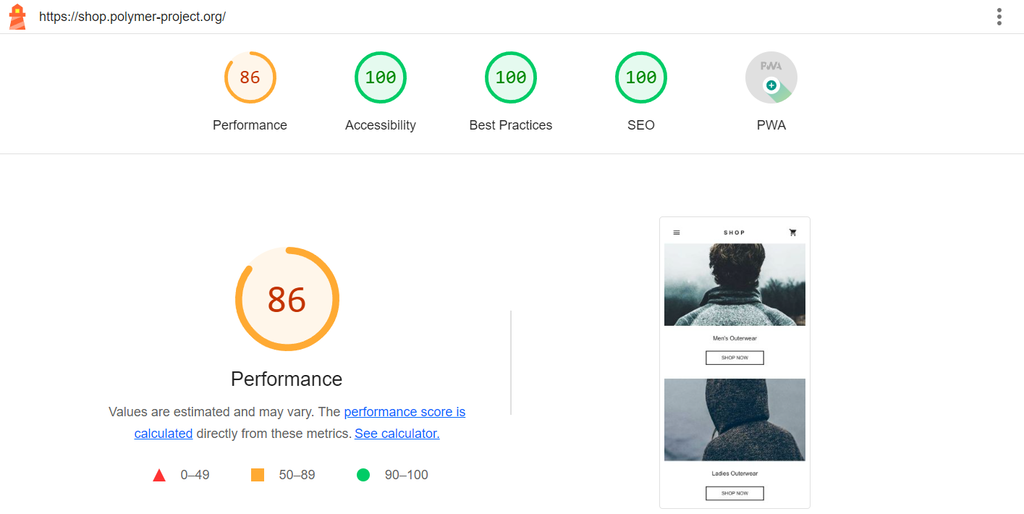Page de r&eacute;sultats des performances de l'extension Chrome Lighthouse