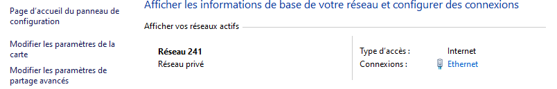 Le Centre de r&eacute;seau et de partage de Windows o&ugrave; vous pouvez modifier les param&egrave;tres de la carte