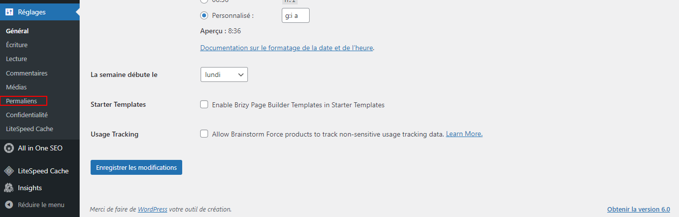Page des réglages des permaliens de WordPress