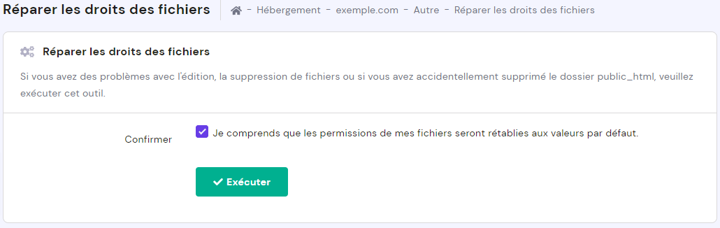 fix file réparer droits des fichiers hpanel