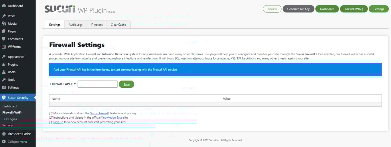 Param&egrave;tres du pare-feu de Sucuri Security dans le tableau de bord de WordPress