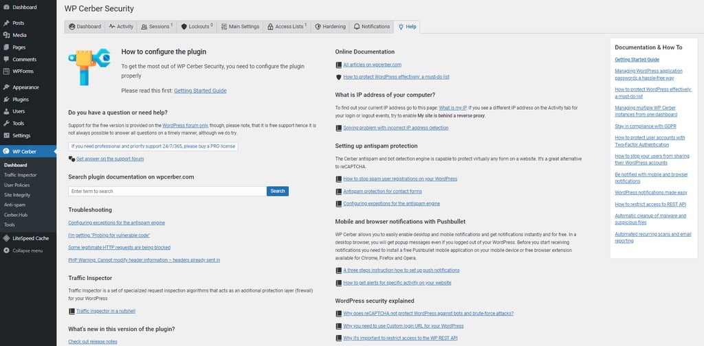 Wp-cerber-security-page-d'aide Page d'accueil de la configuration de WP Cerber