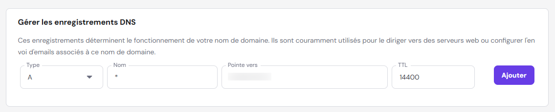 hPanel affiche la section G&eacute;rer les enregistrements DNS pour les domaines