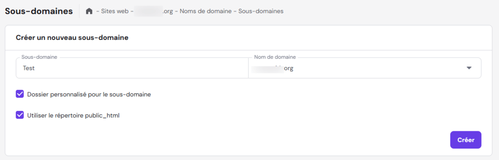 Cr&eacute;er un nouveau sous-domaine dans la page Sous-domaines de Hostinger hPanel