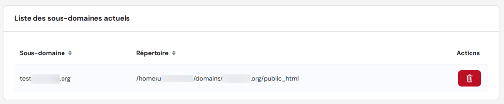 Liste des sous-domaines existants affich&eacute;e dans le hPanel Hostinger