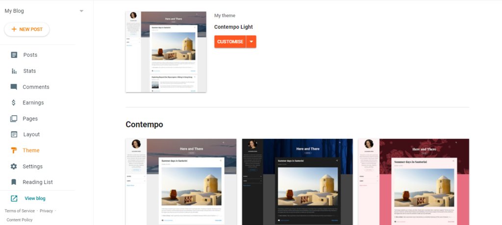 Une capture d'&eacute;cran de la plateforme Blogger montrant le th&egrave;me actuel et d'autres th&egrave;mes possibles