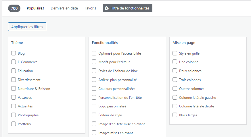 filtrer les th&egrave;mes WordPress dans le r&eacute;pertoire officiel