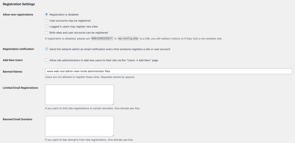 Les param&egrave;tres du r&eacute;seau WordPress affichent les options des param&egrave;tres d'enregistrement