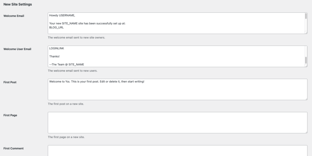 R&eacute;glages du r&eacute;seau WordPress affichant la section R&eacute;glages du nouveau site