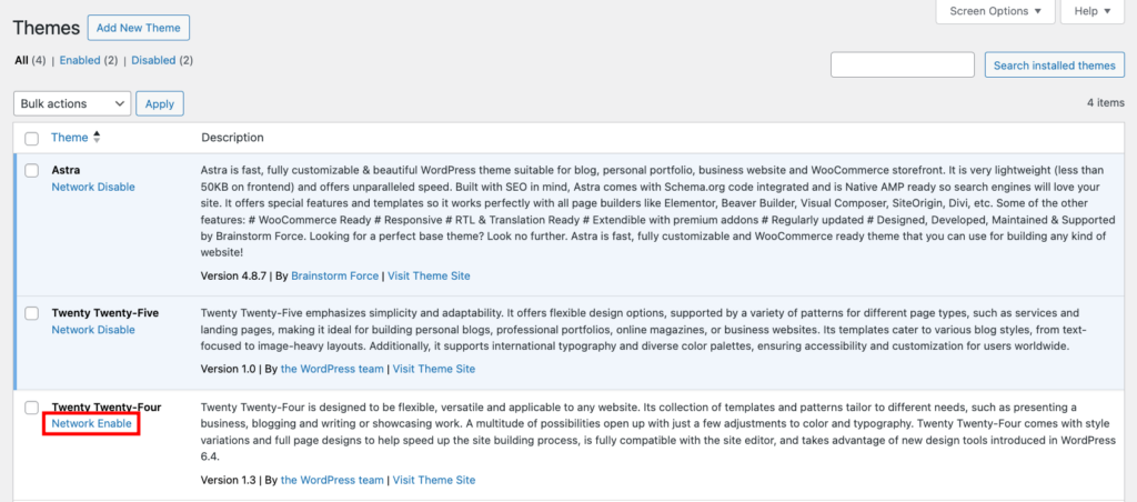 Option Activer le r&eacute;seau sur la page de gestion des th&egrave;mes WordPress