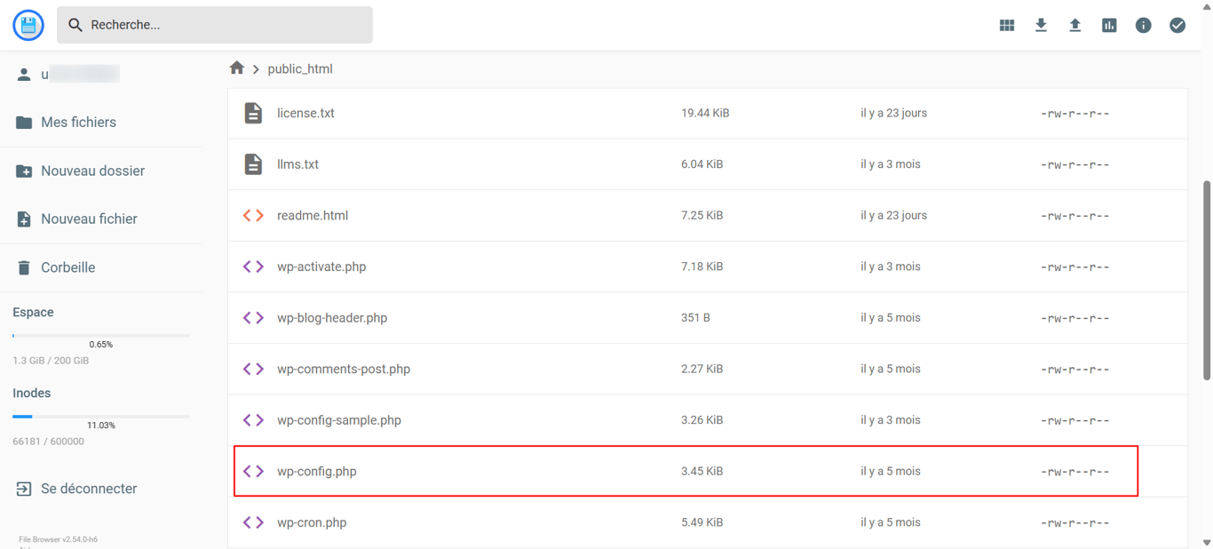 Localisation de wp-config.php &agrave; la racine de WordPress via le gestionnaire de fichiers