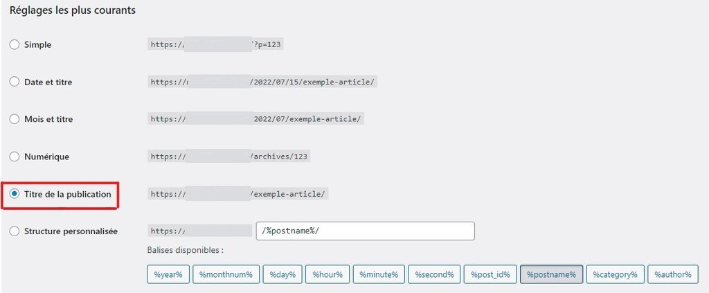r&eacute;glage de la structure des URL des permaliens sur le tableau de bord WordPress