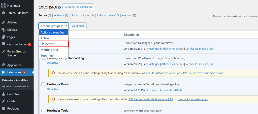 Menu Extensions dans WordPress avec la section D&eacute;sactiver mise en &eacute;vidence