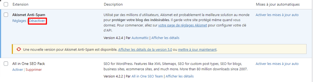 D&eacute;sactivation des plugins WordPress un par un