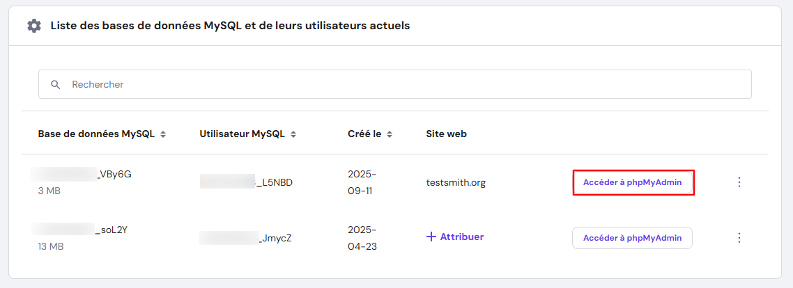 Le bouton Accéder à phpMyAdmin dans la section Liste des bases de données actuelles de hPanel.