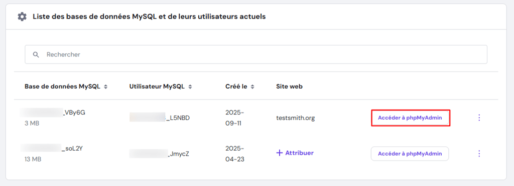 Le bouton Acc&eacute;der &agrave; phpMyAdmin dans la section Liste des bases de donn&eacute;es actuelles de hPanel.
