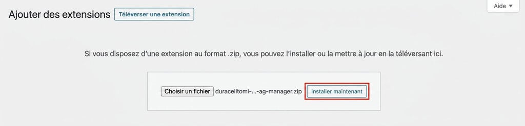Le bouton &laquo; Installer maintenant &raquo; permettant de t&eacute;l&eacute;verser un fichier de plugin WordPress
