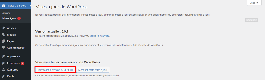 R&eacute;installation de WordPress via le tableau de bord d'administration