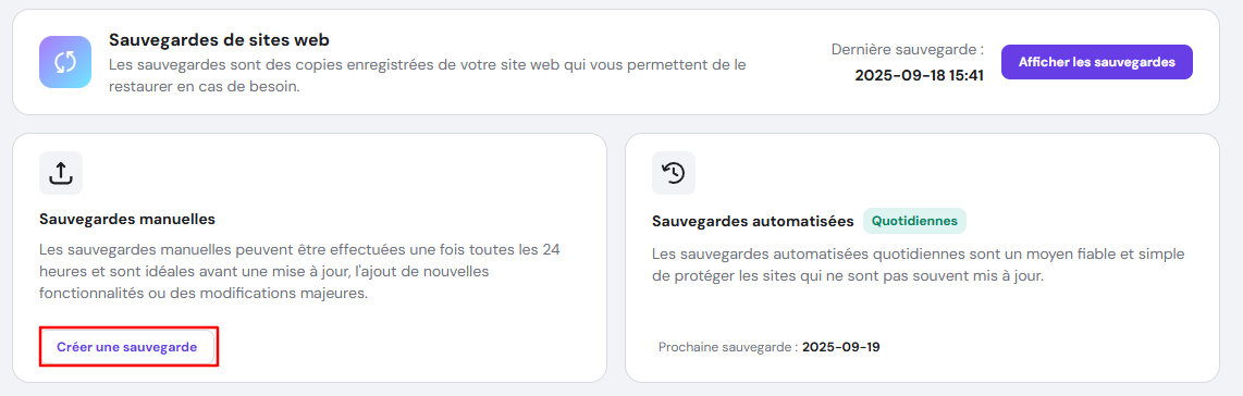 Le bouton Créer une sauvegarde de hPanel