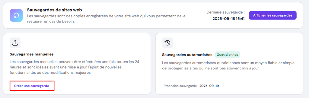 Le bouton Cr&eacute;er une sauvegarde de hPanel