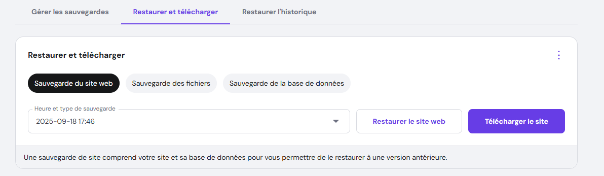 L'onglet Restaurer et télécharger de hPanel