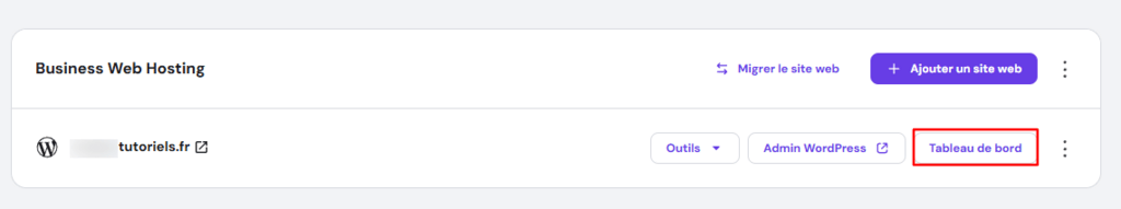 Le bouton Tableau de bord dans le menu Site web de hPanel.