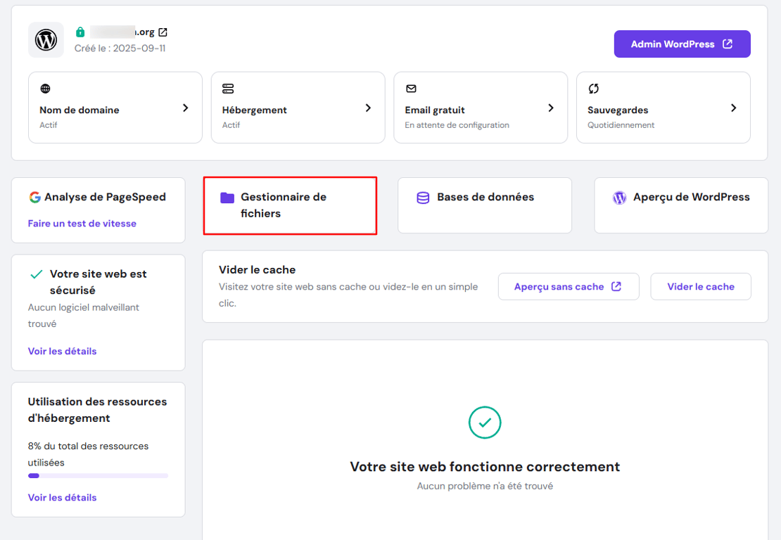Le menu Gestionnaire de fichiers sur le tableau de bord hPanel.
