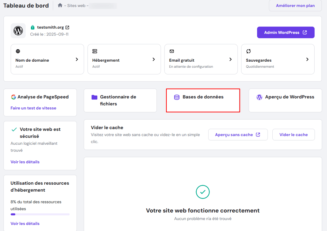 Le menu Bases de données dans le tableau de bord hPanel.