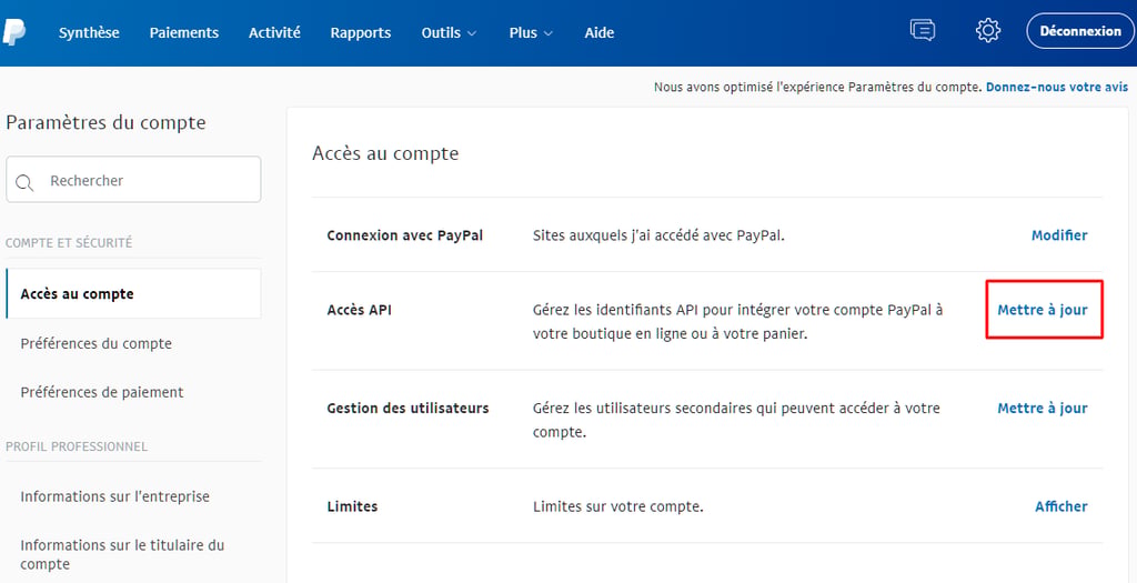 acc&egrave;s api paypal