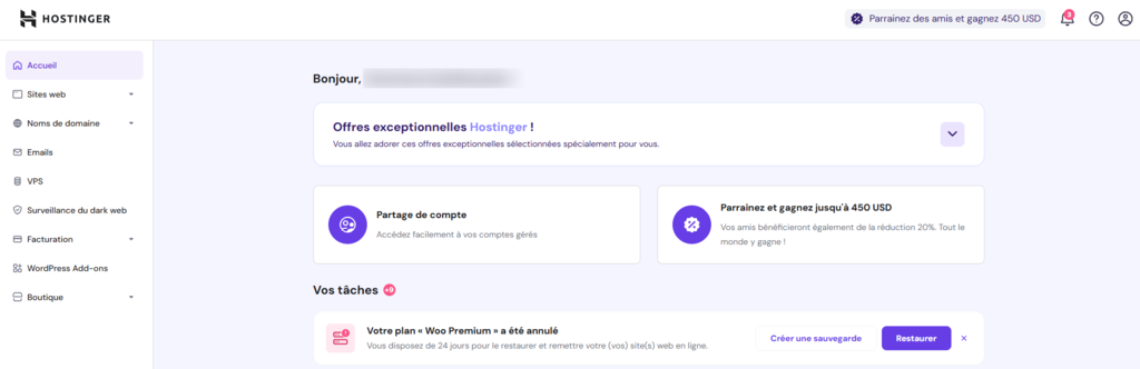 Écran d'accueil du hPanel