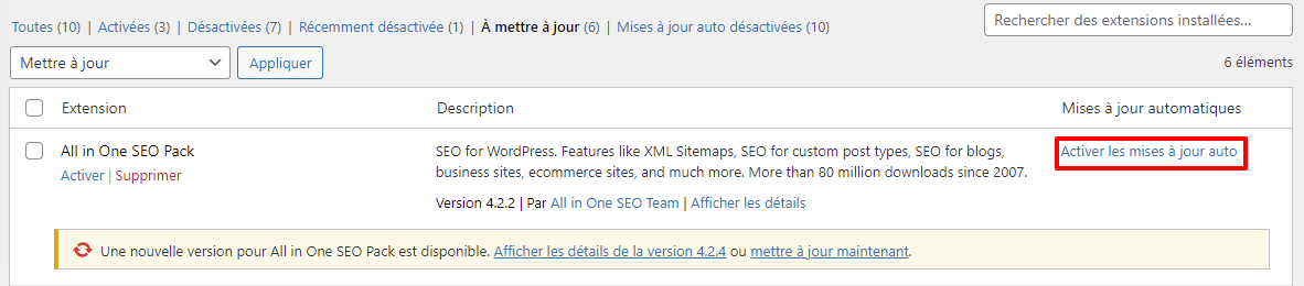 Activez les mises &agrave; jour automatiques pour maintenir vos plugins WordPress &agrave; jour.