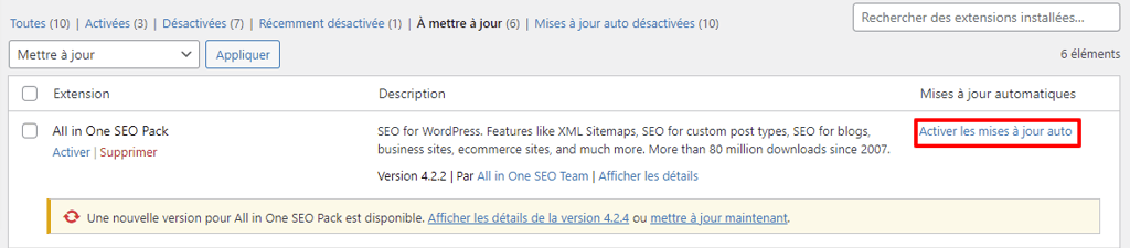 plugins-mise à jour-automatique Activez les mises à jour automatiques pour maintenir vos plugins WordPress à jour.