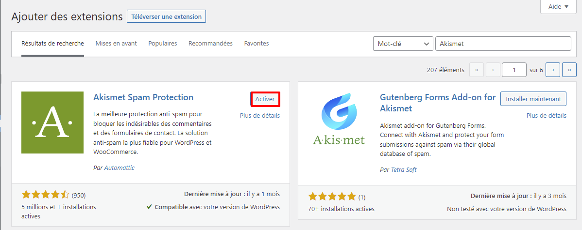 Activer le plugin wordpress askimet 