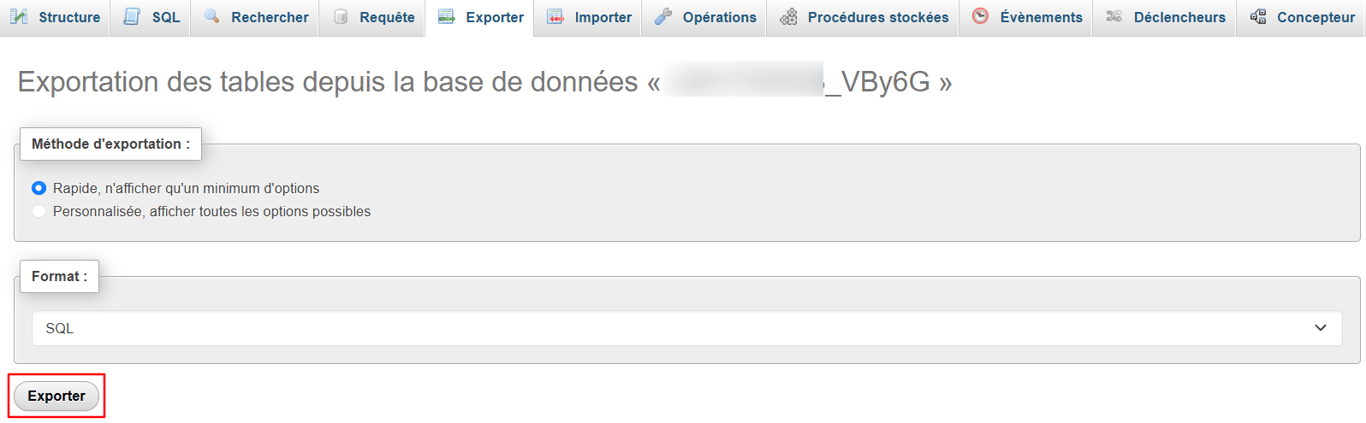 Le bouton Exporter dans l'onglet Exporter de phpMyAdmin.