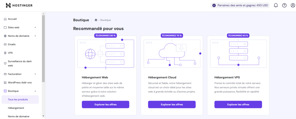Page Boutique dans hPanel