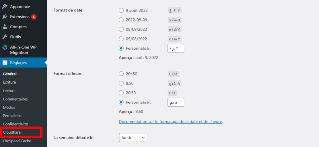 Sélectionner-cloudflare-sur-réglages-wordPress Sélectionner Cloudflare sur la page des réglages sur WordPress