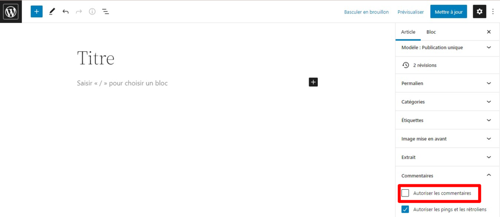d&eacute;cocher la case autoriser les commentaires sur l'&eacute;diteur d'article wordpress