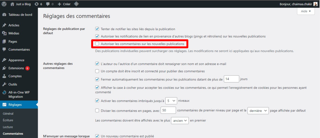 d&eacute;cocher la case autoriser les commentaires sur les nouvelles publications