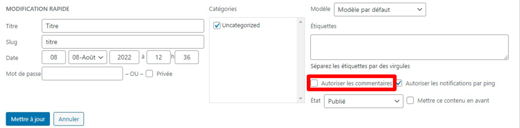 D&eacute;cocher la case autoriser les commentaires sur la section modification rapide d'un article sur wordpress