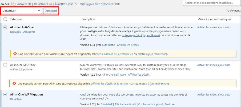d&eacute;sactiver plusieurs plugins WordPress &agrave; la fois