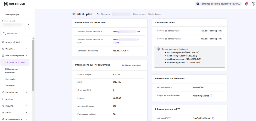 Section hébergement dans les paramètres du site web